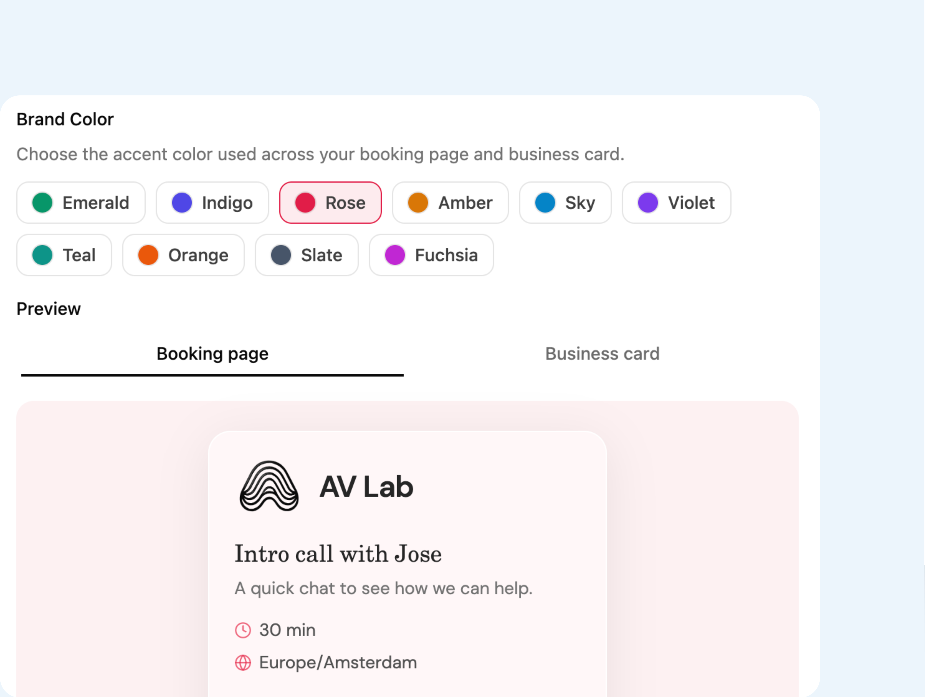 The brand colour picker, with a live preview of the booking page