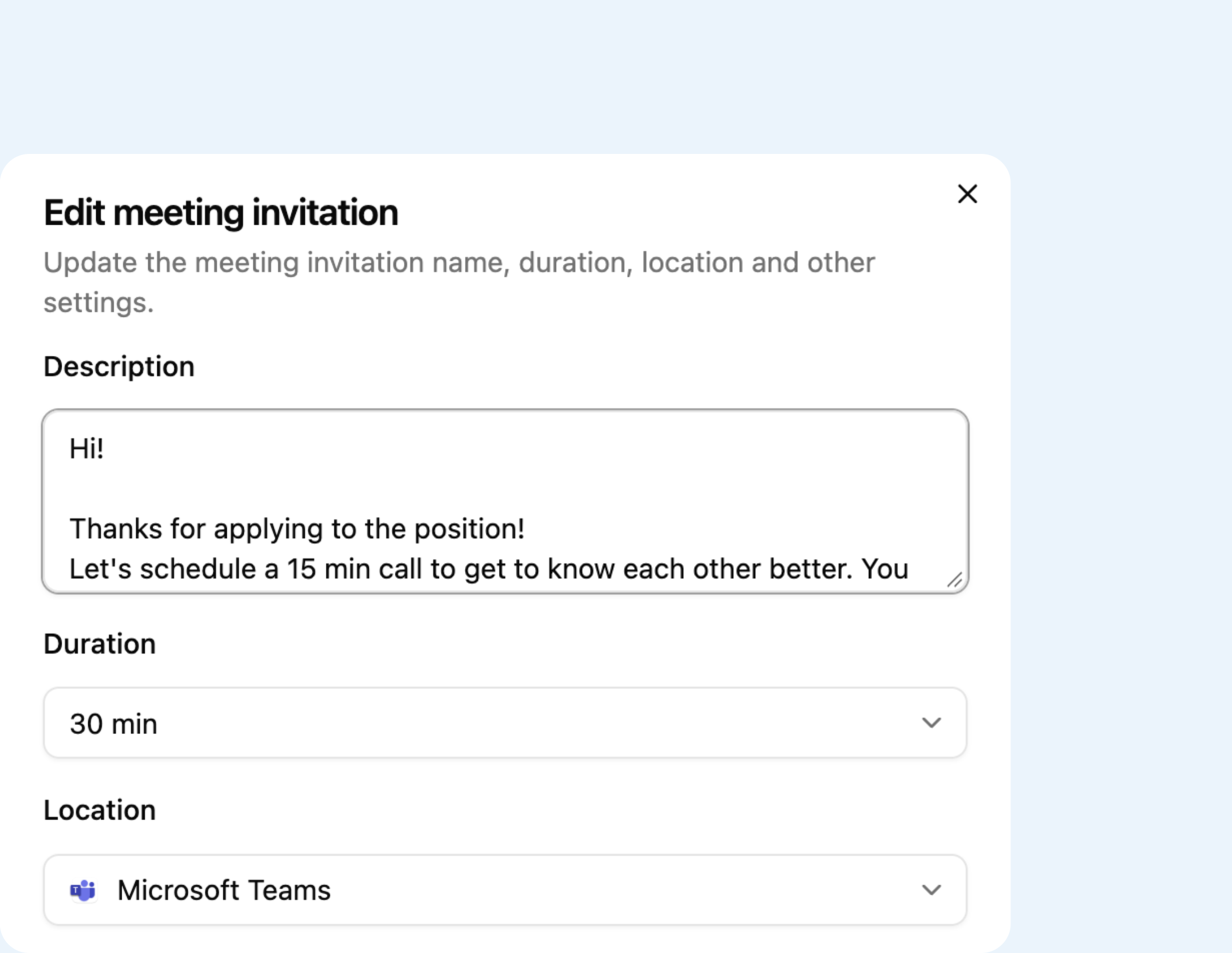 An interview invitation being edited, with its duration and Teams location set